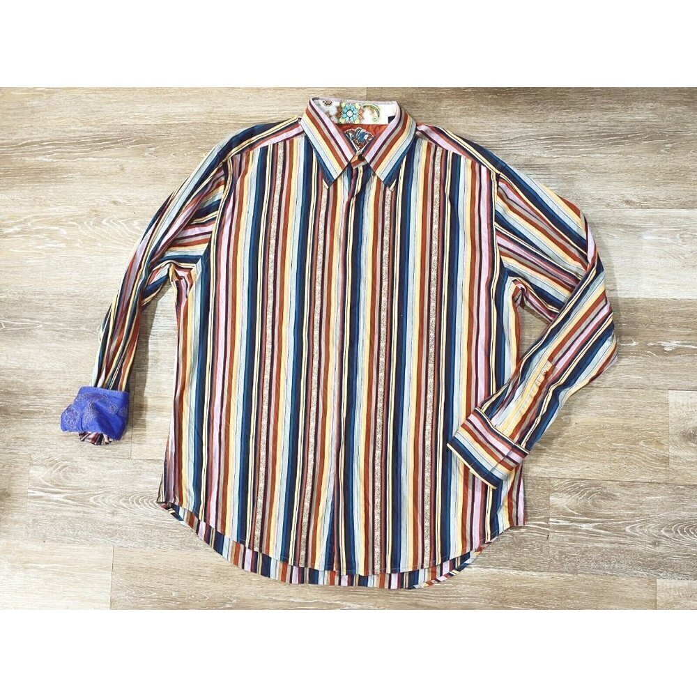 Robert Graham Sz 2XL Striped Floral Colorful Embroider Cuff Mens Button Up Shirt